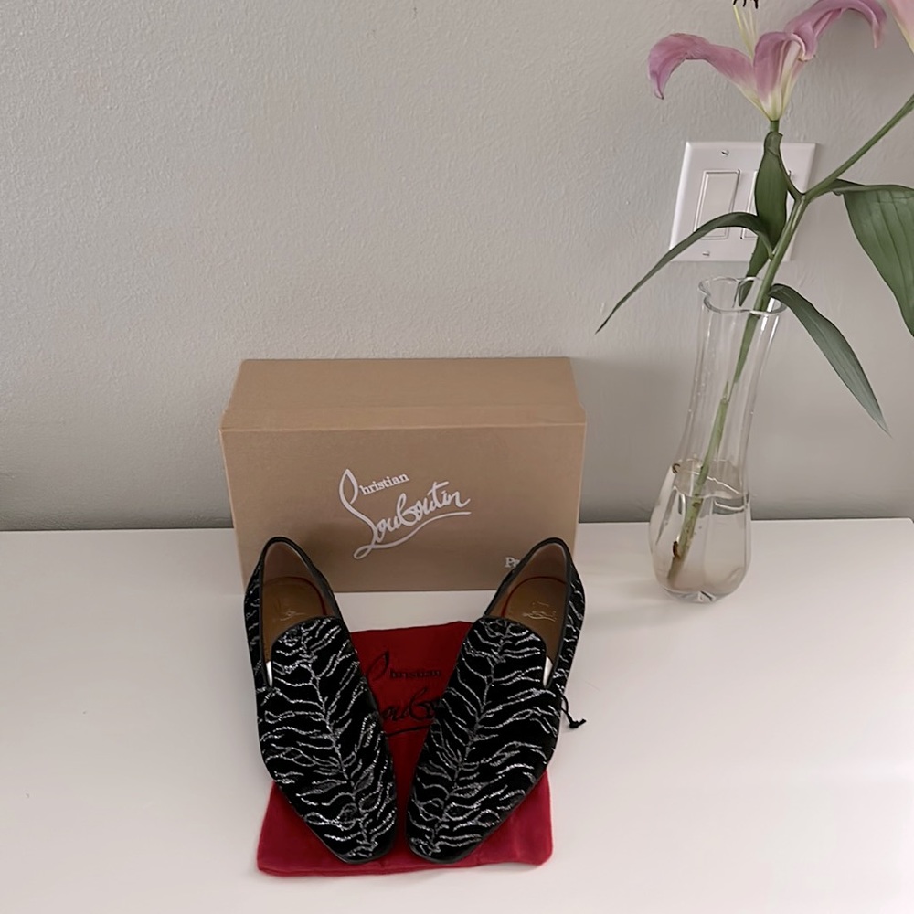 New Christian louboutin black and silver colonnaki flat velour shoes sz 44/11